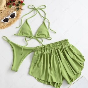 Brand New 3 Piece Green Triangle Bikini Set with Shorts